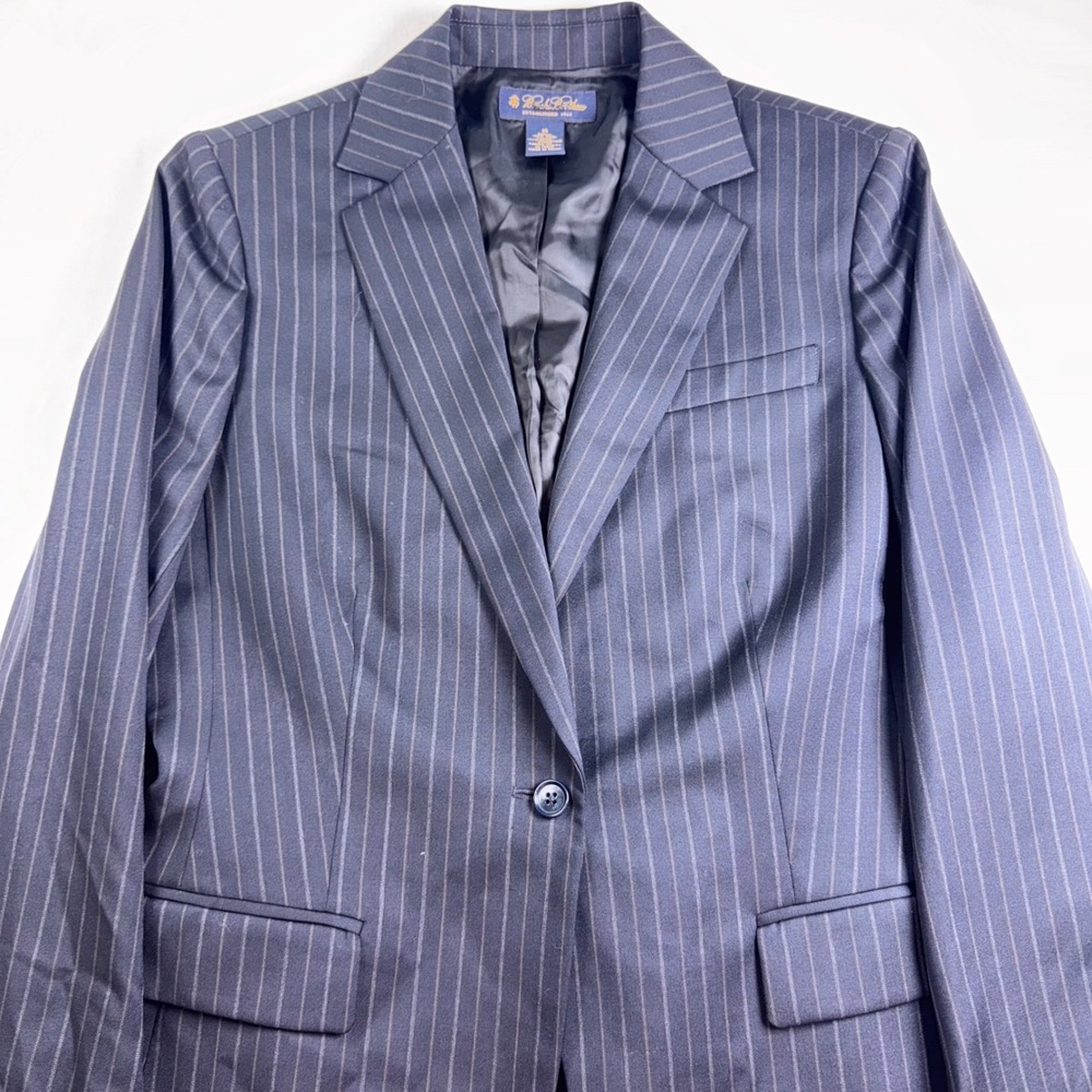 Brooks Brothers Blazer Women 14 Navy Blue Pinstripe Wool Single Button Italy